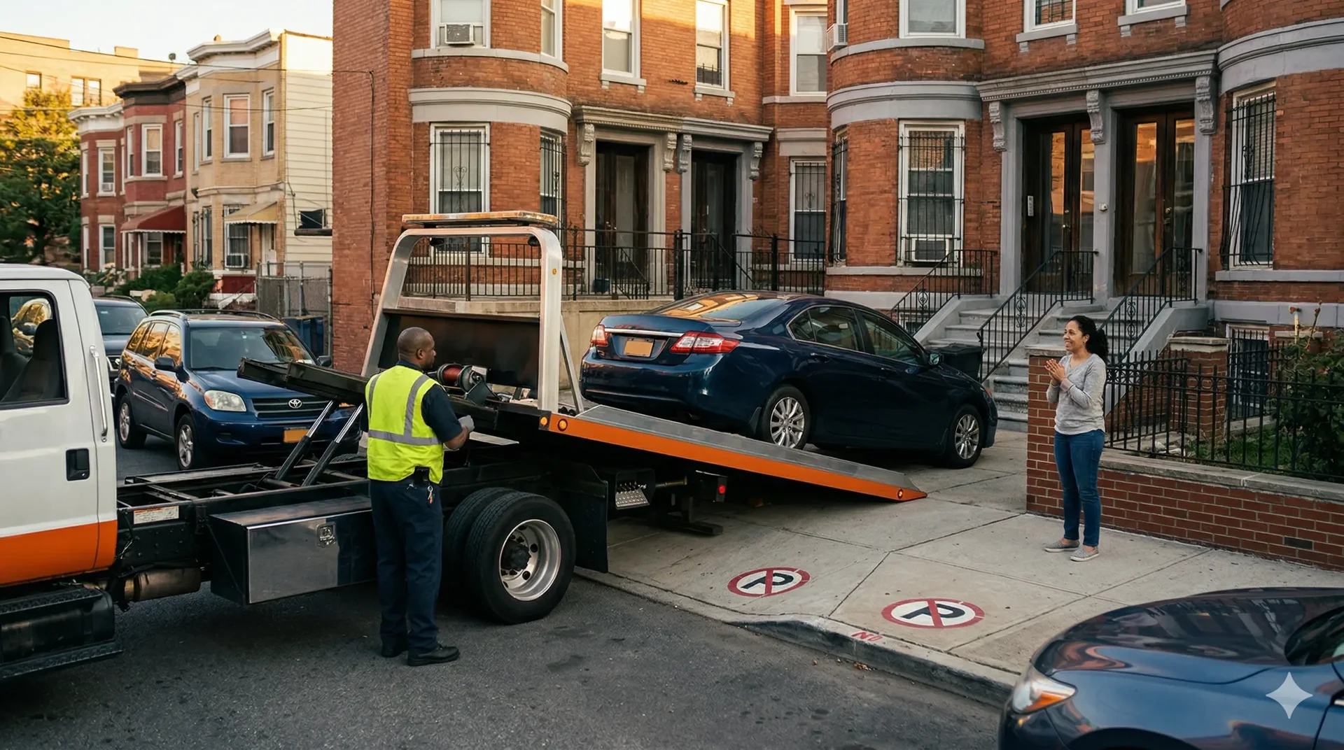 Car being loaded onto a flatbed beside a residential driveway