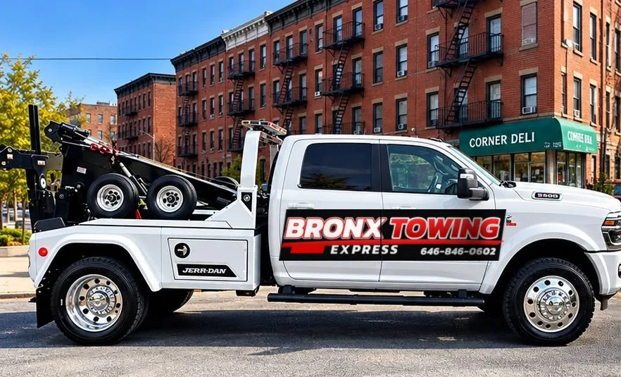Bronx Towing Express white tow truck with company logo parked on a Bronx street, side view