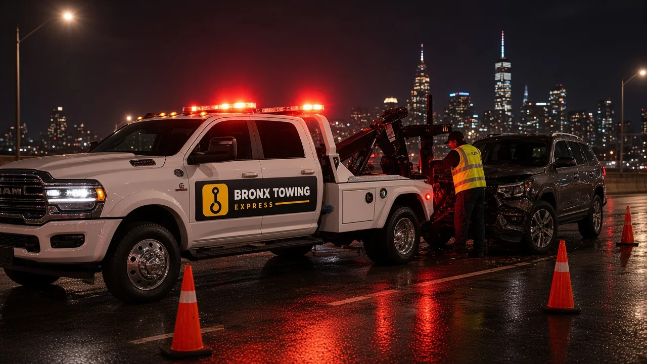 Bronx Towing Express wrecker recovering a damaged SUV on a highway shoulder at night with cones placed
