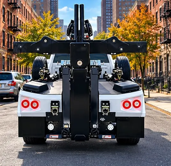 Rear view of Bronx Towing Express tow truck showing wheel-lift and tail lights