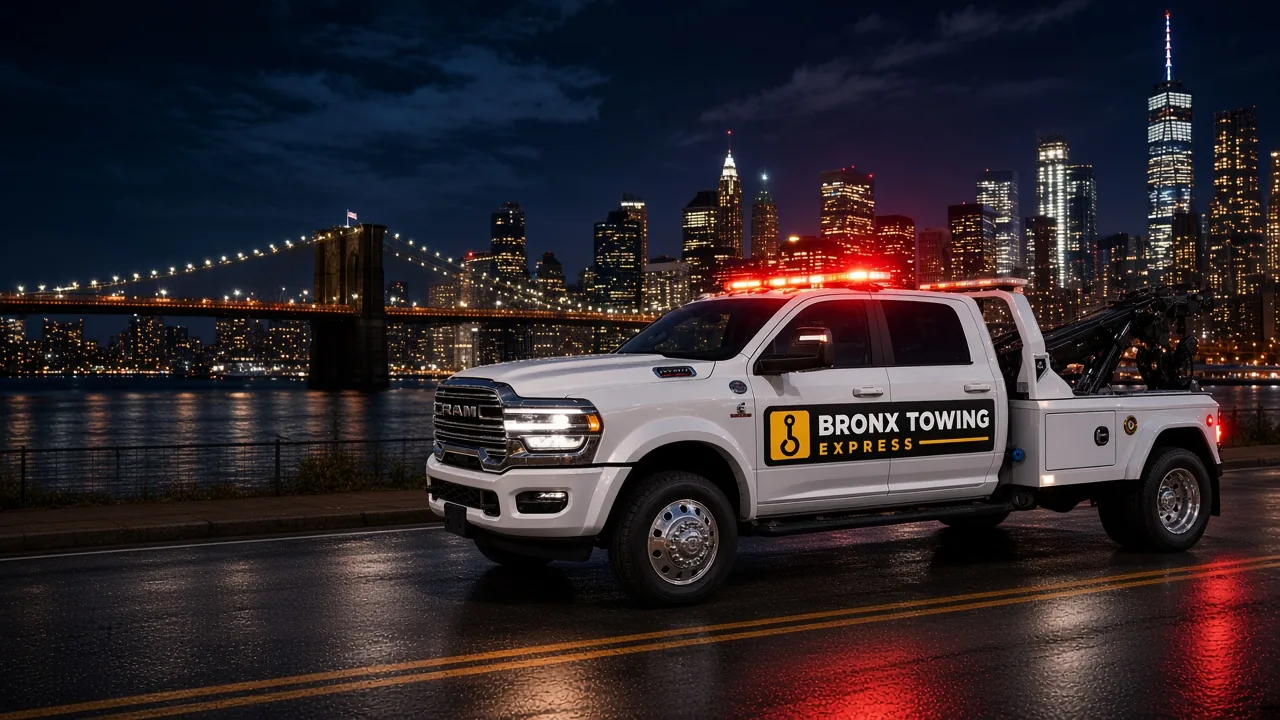 Bronx Towing Express wrecker on a waterfront road at night with the Manhattan skyline and a lit bridge