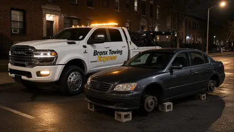 Bronx Towing Express — towing a car left on blocks after its wheels were stolen